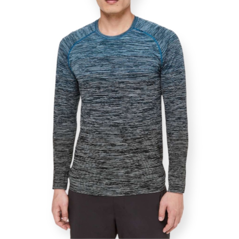 Lululemon Blue Black Stripe Metal Vent Tech Long Sleeve Shirt Size Large Crew